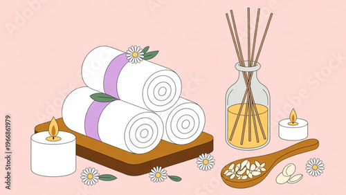 Minimalist spa illustration with rolled towels, lit candle, and reed diffuser on wooden platform relaxing wellness vector design