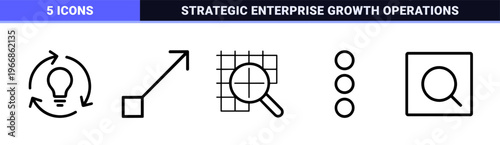 Business Workflow and Process Management Monoline Icon Set featuring Ultra-minimalist Geometric Line Art for Corporate System Optimization.