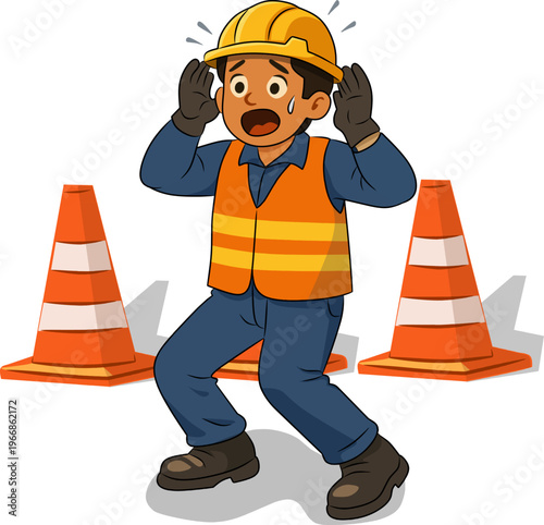 construction worker panicking with traffic cones behind him