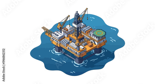 Isometric illustration of an offshore oil rig in the middle of a body of water, with a factory-like structure and drilling equipment, symbolizing natural resources and business operations.