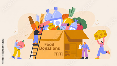 Minimalist 2D illustration of volunteers organizing food donations with cardboard box, colorful groceries, and teamwork helping others vector design