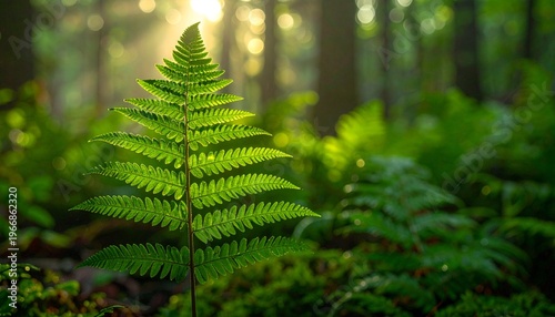Vibrant green fern frond illuminated by soft sunlight in a tranquil forest.
