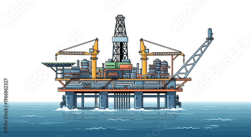 An offshore oil rig illustration with a crane and drilling equipment on a body of water, depicting a factory for crude oil extraction and natural resources, set against a clean background.