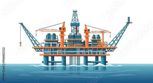 An offshore oil rig illustration with a blue and orange structure standing in the ocean with a white background, symbolizing crude oil extraction and natural resources.