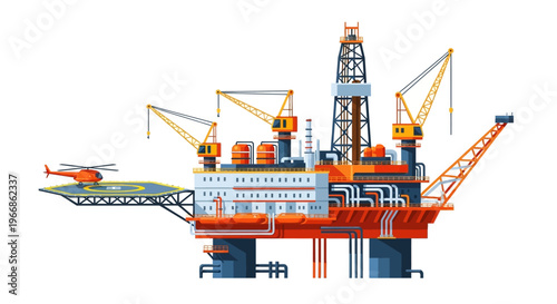 An offshore oil rig illustration with a helicopter on a pad, surrounded by drilling equipment and structures in a factory setting for natural resources extraction, depicted in a colorful