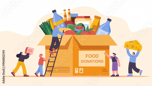 Minimalist 2D illustration of volunteers organizing food donations with cardboard box, colorful groceries, and teamwork helping others vector design