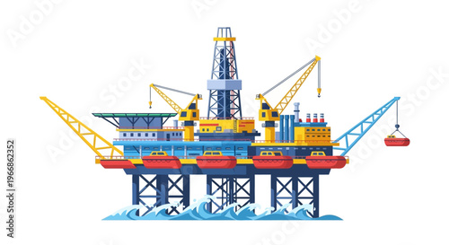 An offshore oil rig illustration with a crane and drilling equipment on a colorful industrial platform in the ocean, used for crude oil extraction and natural resource production.