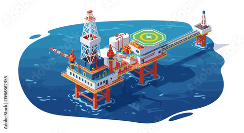 An isometric illustration of an offshore oil rig with a factory and drilling platform in the ocean, representing natural resources and business operations.