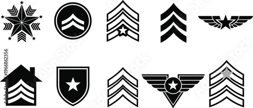Collection of military rank insignia icons including chevrons badges stars shields and wings in black vector style isolated on white background clean