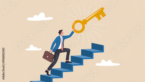 Minimalist business illustration of person climbing stairs reaching golden key symbolizing success opportunity and achievement flat vector design