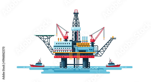 An offshore oil rig illustration with a factory and natural resources background, featuring a crude oil drilling operation in a vector design.