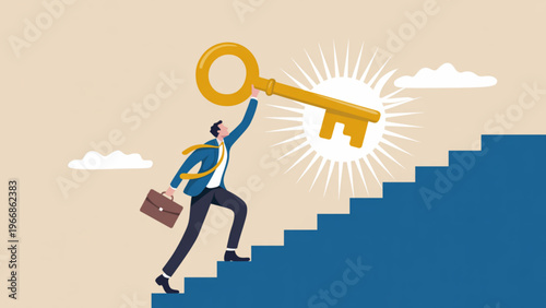 Minimalist business illustration of person climbing stairs reaching golden key symbolizing success opportunity and achievement flat vector design