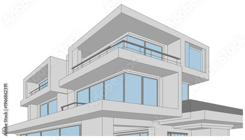 A modern building illustration with large windows and balconies