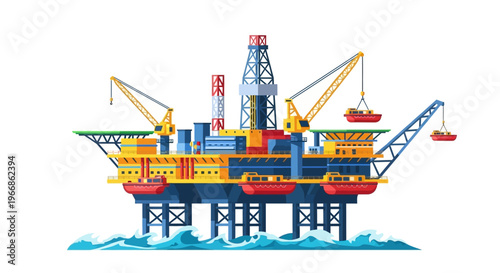 Offshore oil rig illustration with drilling equipment and cranes on a blue background, representing natural resources and business operations.