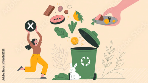 Modern vector concept of minimizing food waste featuring green recycling bin, fruits, vegetables, meat, person warning, and rabbit flat illustration