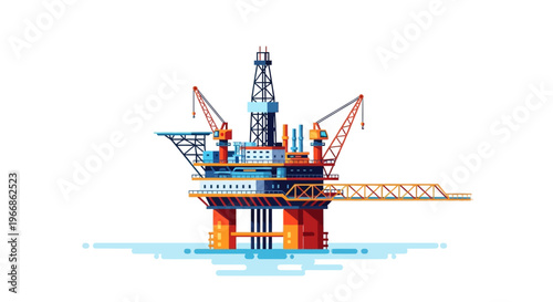 Vector illustration of an offshore oil rig with a factory and drilling equipment in a natural resource setting against a clean background.