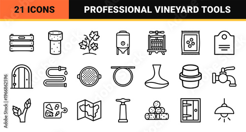 Ultra-minimalist wine production and viticulture line art icons featuring professional vineyard tools and tasting room equipment symbols.