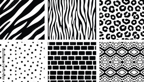 A set of black and white animal print and geometric patterns