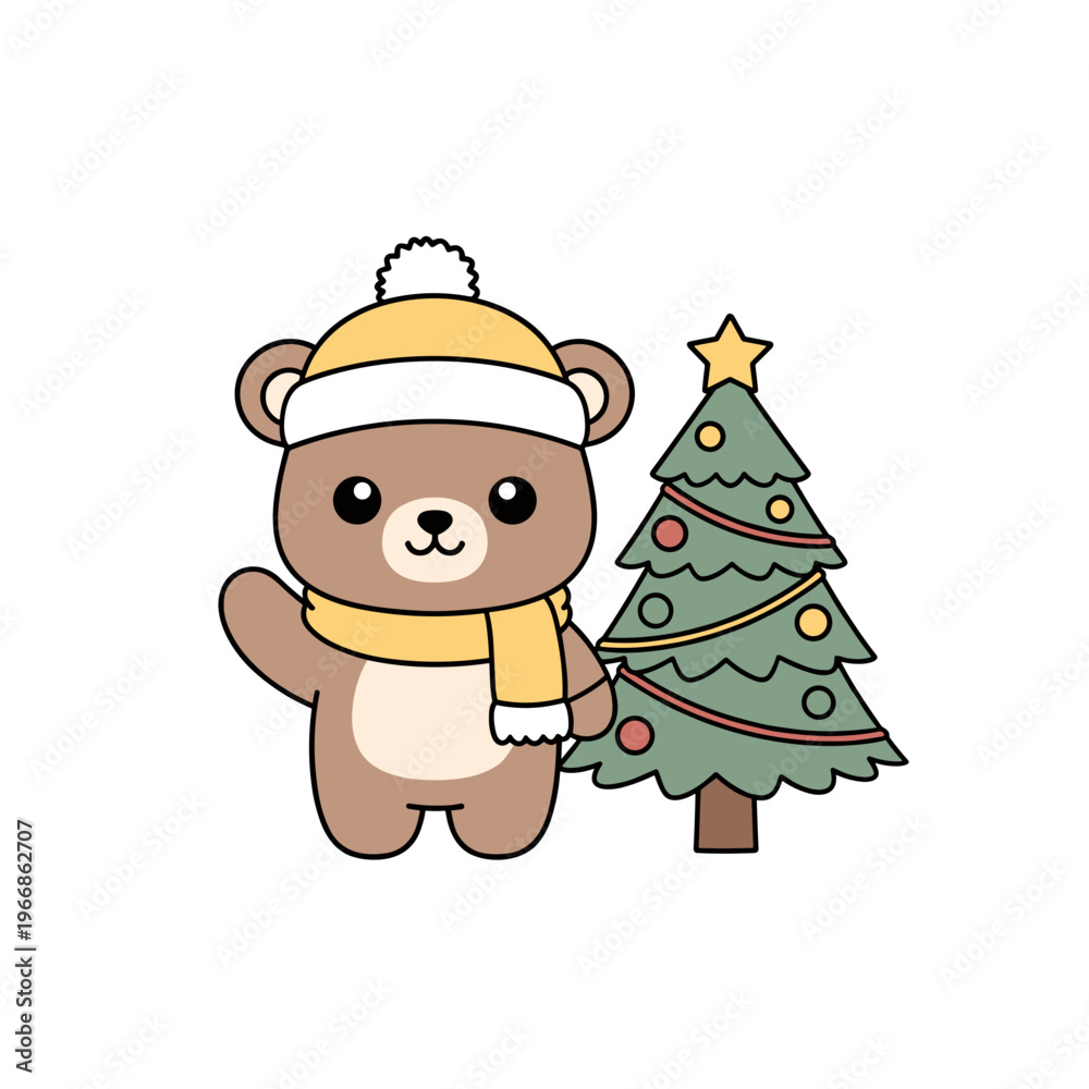 Fototapeta premium Cute bear character wearing hat and scarf next to decorated Christmas tree 