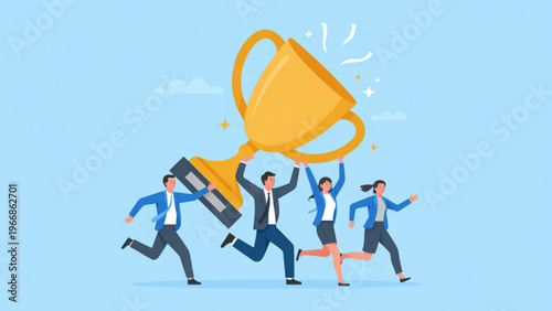 Картината върху платно Modern vector of four professionals celebrating success while carrying golden tr