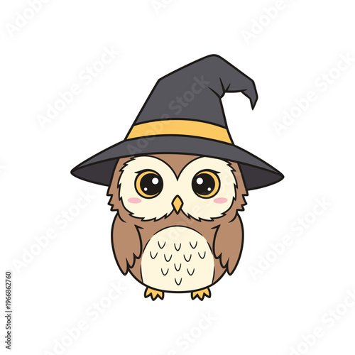 Cute cartoon owl wearing a witch hat for Halloween decoration  