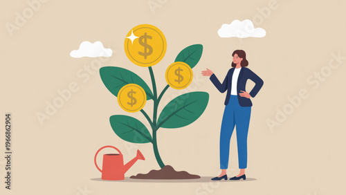 Modern vector concept of financial growth featuring businesswoman, money tree with golden coins, and watering can simple flat illustration