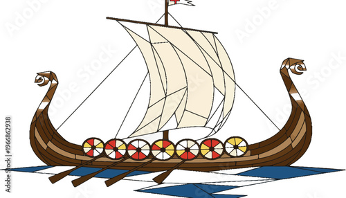 A Viking ship vector illustration with colorful shields and sails