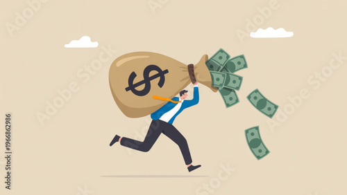 Cartoon style vector of businessman carrying cash sack while running dynamic finance, profit, and wealth movement illustration