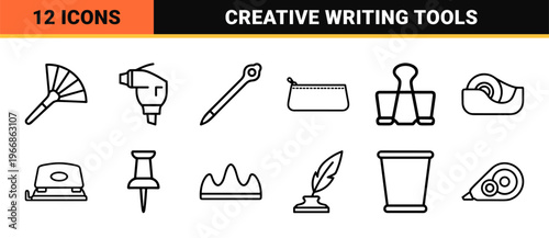 Ultra-minimalist writing instruments and stationery monoline outline symbols for professional office and creative studio design projects.