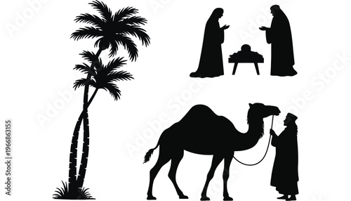 A camel silhouette with people and palm trees in desert landscape