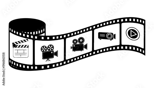 A film strip icon illustration with movie camera and clapperboard symbols