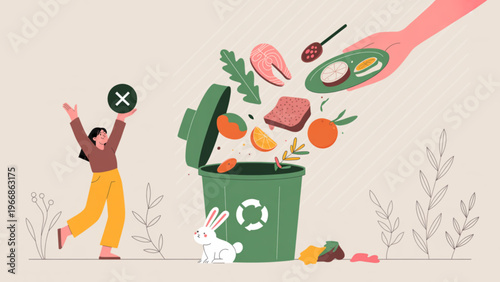 Modern vector concept of minimizing food waste featuring green recycling bin, fruits, vegetables, meat, person warning, and rabbit flat illustration