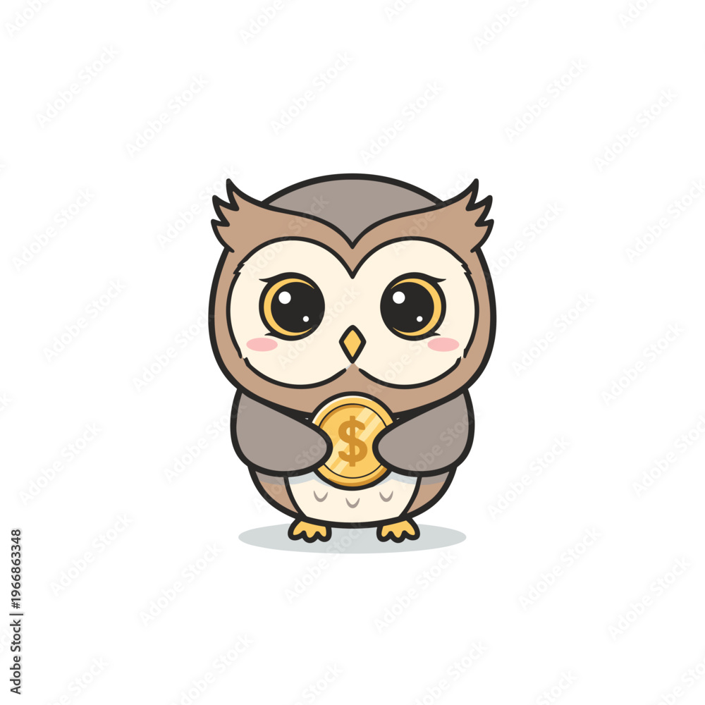 Fototapeta premium Cute cartoon owl holding a coin with a joyful expression 