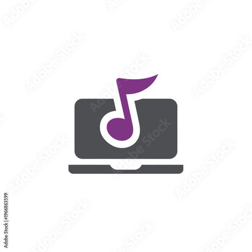 A musical note icon, placed over a gray laptop computer silhouette against a white background