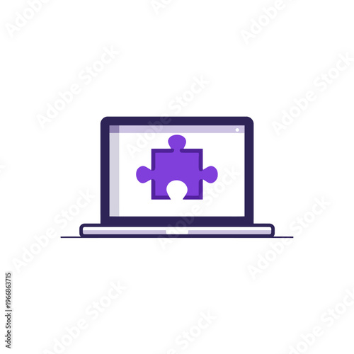 A laptop with a purple puzzle piece displayed on the screen, flat design