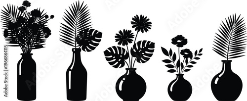 Black flower vase silhouette set, tropical palm leaves and monstera in bottles, floral bouquet icons, isolated vector illustration on white.