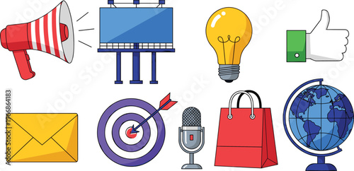 Marketing and Advertising Tools Set with Megaphone, Target, and Media Symbols for Promotion and Campaigns