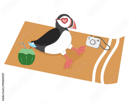 Cute Puffin Relaxing on Beach Mat - Summer Vacation with Coconut and Camera Illustration