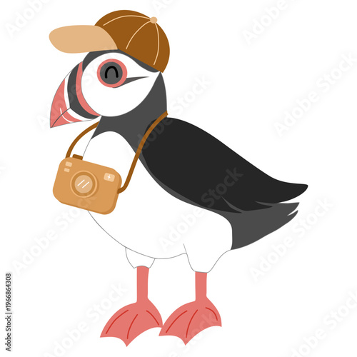 Cute Puffin Bird Tourist with Camera and Cap - Summer Travel and Sightseeing Illustration