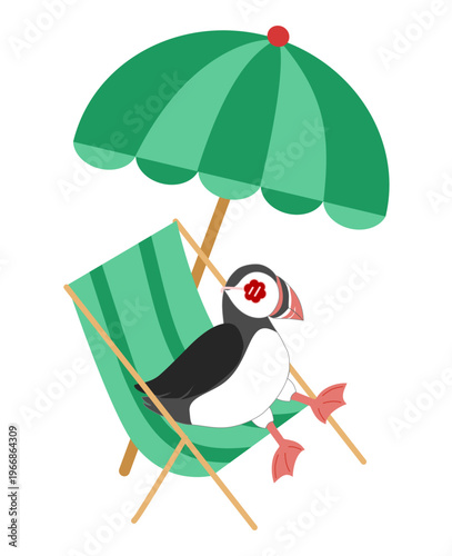 Cute Puffin Sitting on Deck Chair Under Umbrella - Summer Vacation Beach Illustration
