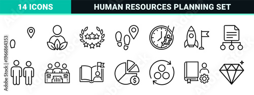 Corporate Management and Business Workflow Linear Symbols for HR Strategy, Recruitment Process, and Office Productivity Graphic Resources