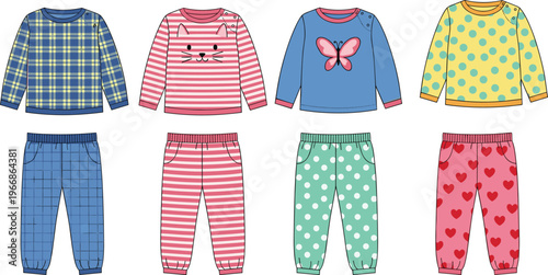 Kids pajamas set technical cad drawing flat vector illustration, children sleepwear collection, colorful nightwear with cat, butterfly and heart patterns.
