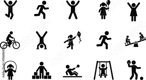 Kids playing outdoor activity icon set, children silhouette jumping, running, biking, swinging, skipping rope, and playground fun, isolated vector illustration, comma.