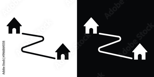 Residential path icon connecting two house symbols. Represents neighborhood navigation, real estate location, home delivery services, and community mapping.