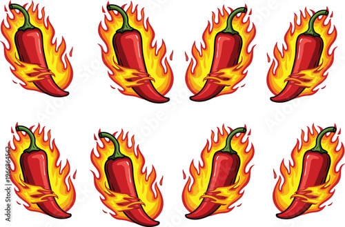 Hot chili pepper illustration featuring red peppers with green stems, fiery flames, spicy food artwork symbolizing heat, flavor, excitement, intensity