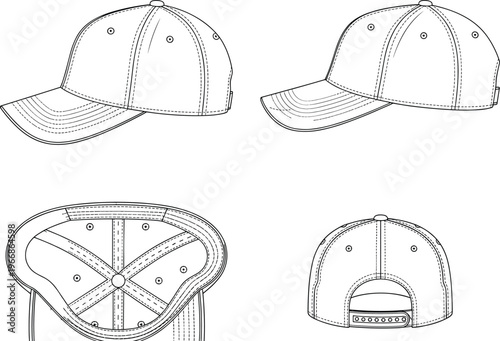 Baseball cap technical drawing set, blank snapback hat template, front, side, back and bottom views, headwear vector illustration, comma.
