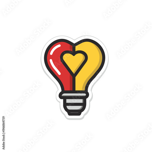 A creative vector icon of a lightbulb with a heart-shaped top in red and yellow color