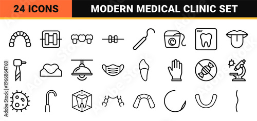 Professional Dentistry and Stomatology Line Art: Ultra-minimalist Monoline Symbols for Orthodontics, Oral Hygiene, and Dental Surgery Care.
