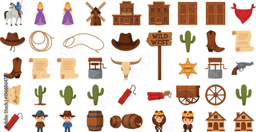 Wild West Cartoon Elements Set with Cowboys Sheriffs Cactus Wagon Saloon and Western Icons Collection for Game Design and Vintage Theme Illustration