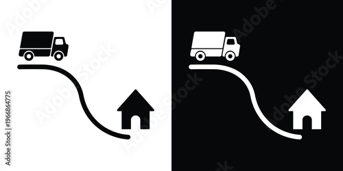 Shipping truck icon moving on a path toward a house. Vector symbol for logistics, e-commerce shipping, home delivery services, and transportation tracking.